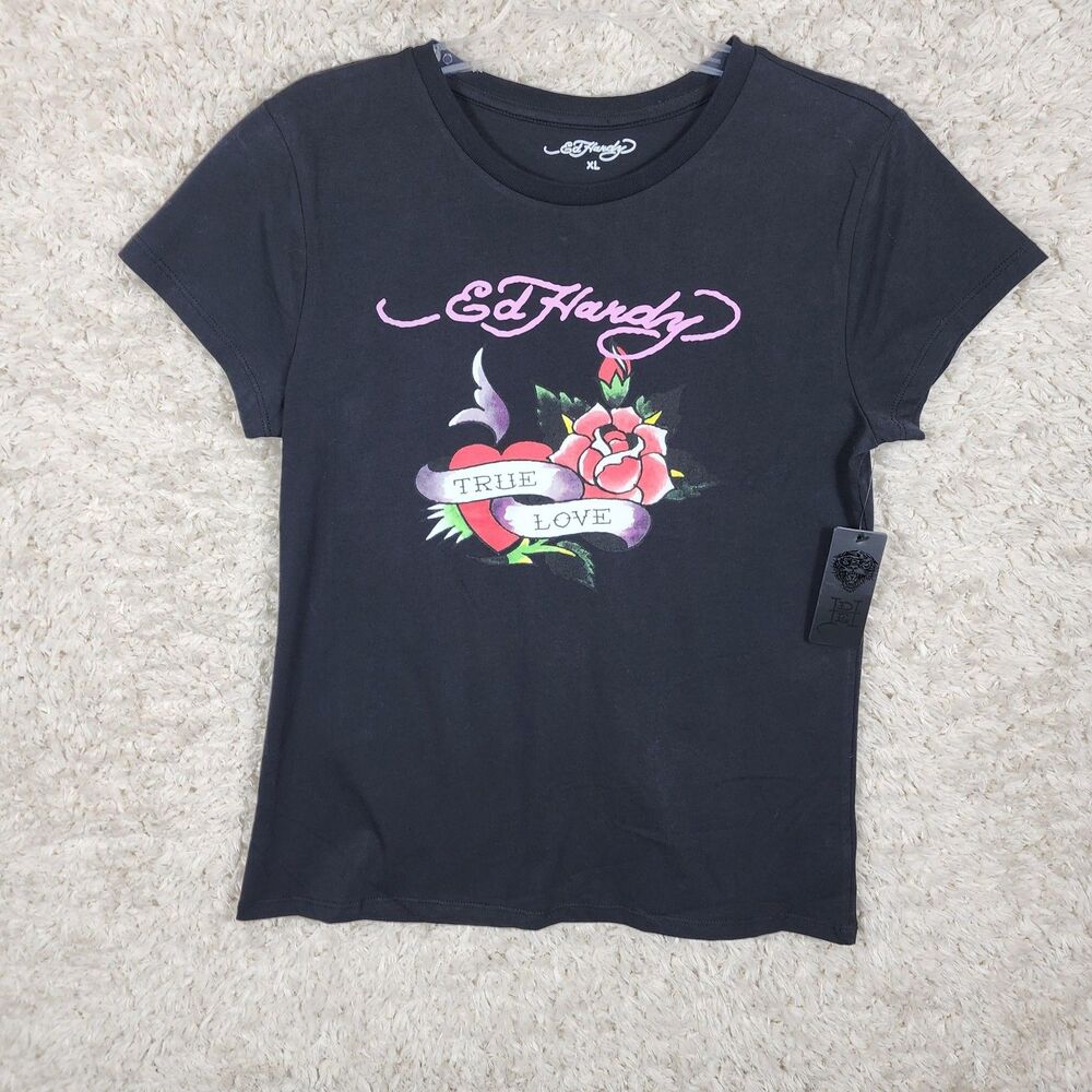 Ed Hardy Shirt Womens XL Black True Love Rose Tattoo Graphic Tee Crew Neck Print